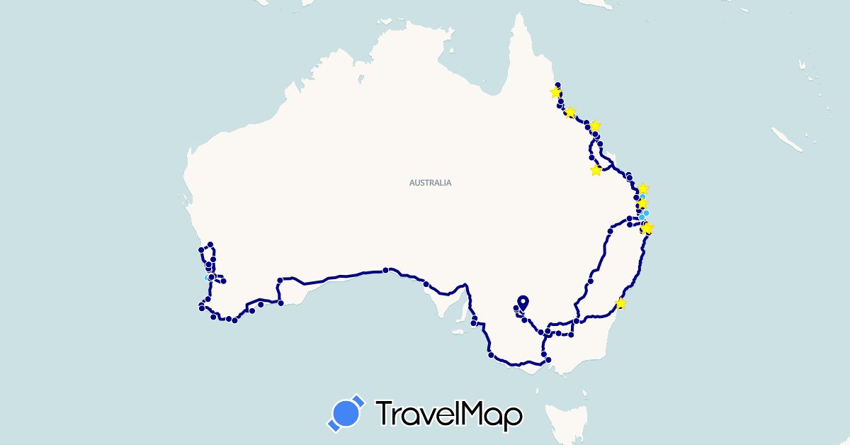 TravelMap itinerary: driving, cycling, train, hiking, boat in Australia (Oceania)