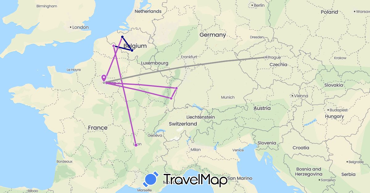 TravelMap itinerary: driving, plane, train in Belgium, Czech Republic, France (Europe)